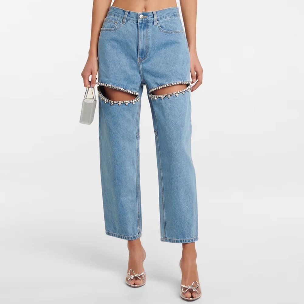 Luxedress Crystal Embellished Cutout High Waist Straight Leg Denim Jeans